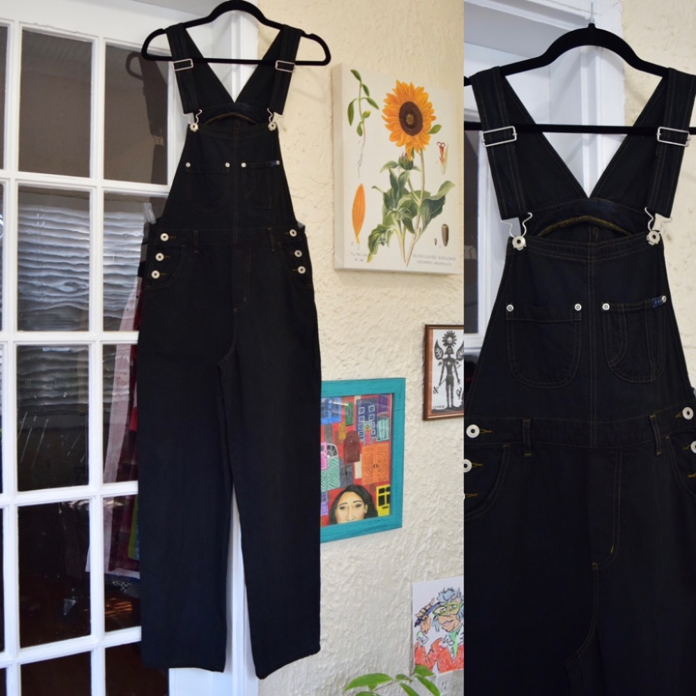 90s hand dyed black denim high waisted overalls (S)